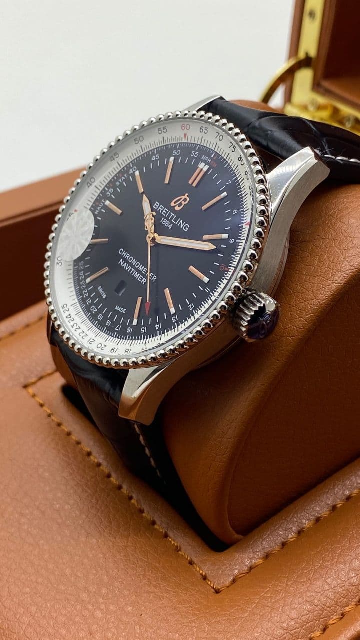 Breitling Navitimer Black High Version on Black Leather Strap