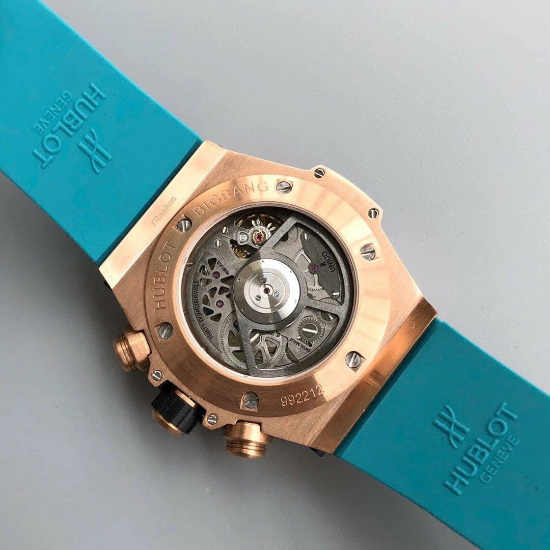 Big Bang Unico Diamond HBF 1:1 Best Edition Gold Skeleton Dial Rainbow Bezel on Blue Rubber Strap A1242 Big Bang Unico Diamond HBF 1:1 Best Edition Gold Skeleton Dial Rainbow Bezel on Blue Rubber Strap A1242