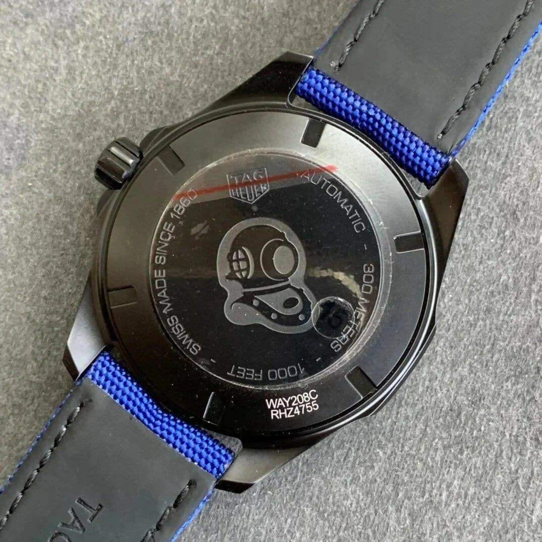 Aquaracer Calibre 5 PVD 43mm OXF 1:1 Best Edition Ceramic Bezel Black Dial on Blue Nylon Strap SW200