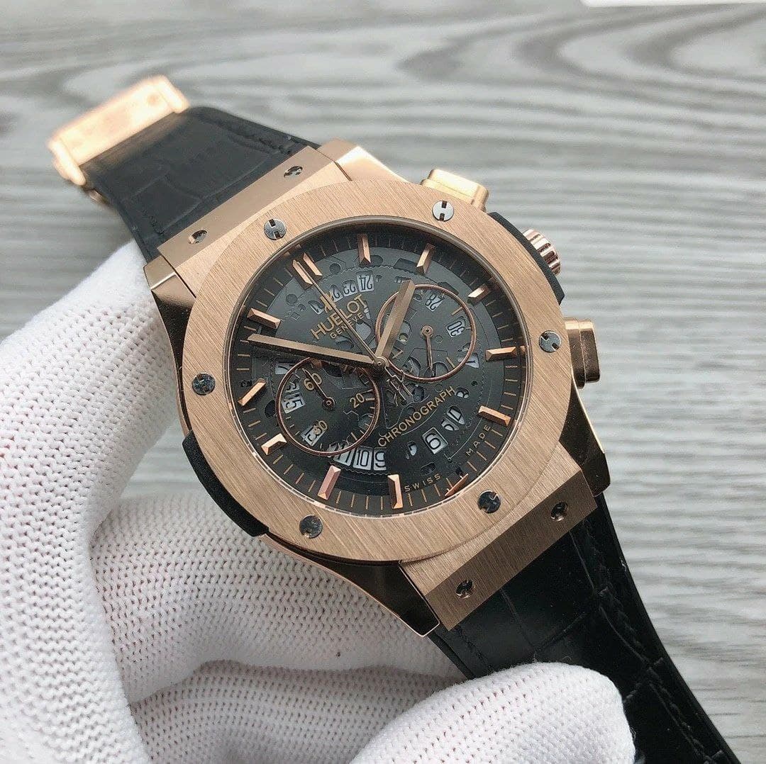 Hublot Chrono Gold Black Hight Version on Black Leather Strap