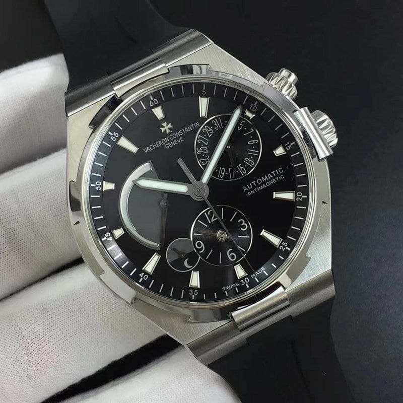 Overseas Dual Time Power Reserve TWA 1:1 Best Edition Black Dial on Black Leather Strap