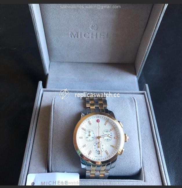 Michele Silver uptown Diamond Dial Chronograph 39mm Two Tone Watch Michele Silver uptown Diamond Dial Chronograph 39mm Two Tone Watch