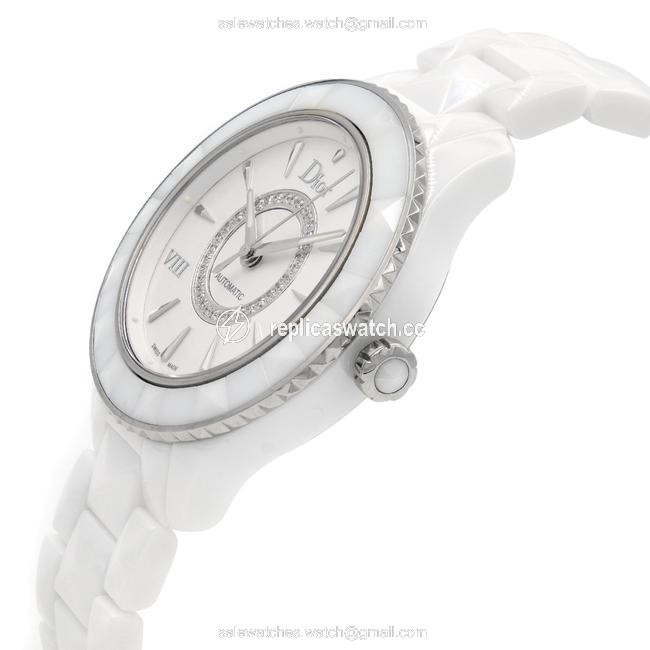 Dior Silver Dial White Ceramic Steel Diamond Watch Dior Silver Dial White Ceramic Steel Diamond Watch