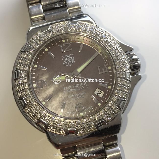 TAG Heuer Black Formula 1 F1 Professional Diamond Bezel Sapphire Crystal Swiss Movement Mop Mother Of Pearl Gray Iridescent Watch TAG Heuer Black Formula 1 F1 Professional Diamond Bezel Sapphire Crystal Swiss Movement Mop Mother Of Pearl Gray Iridescent Watch