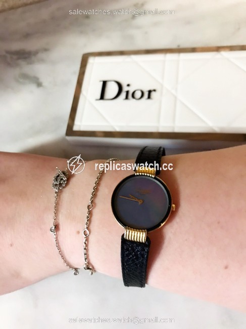 Dior Black and Gold Rare Vintage Crystal Mother Of Pearl Leather Plate Watch Dior Black and Gold Rare Vintage Crystal Mother Of Pearl Leather Plate Watch