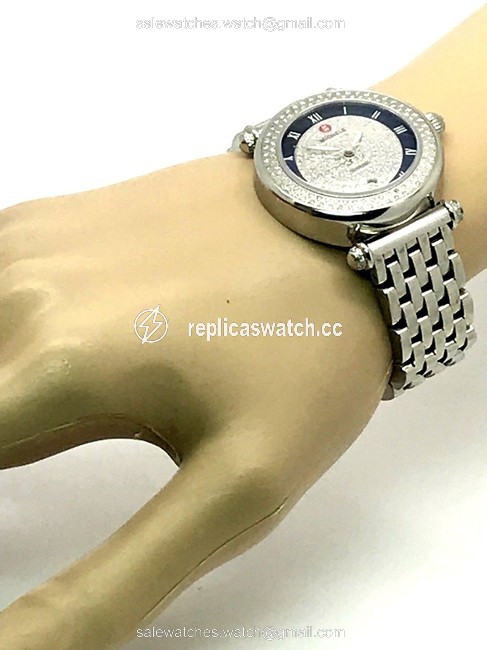 Michele Silver Pave Caber Blue Dial 0.98ctw Diamonds Womens S\s Swiss Watch Michele Silver Pave Caber Blue Dial 0.98ctw Diamonds Womens S\s Swiss Watch