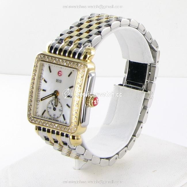 Michele Silver/Gold Deco 16 Diamond Bezel Mother-of-pearl 18k Plated Steel Watch Michele Silver/Gold Deco 16 Diamond Bezel Mother-of-pearl 18k Plated Steel Watch