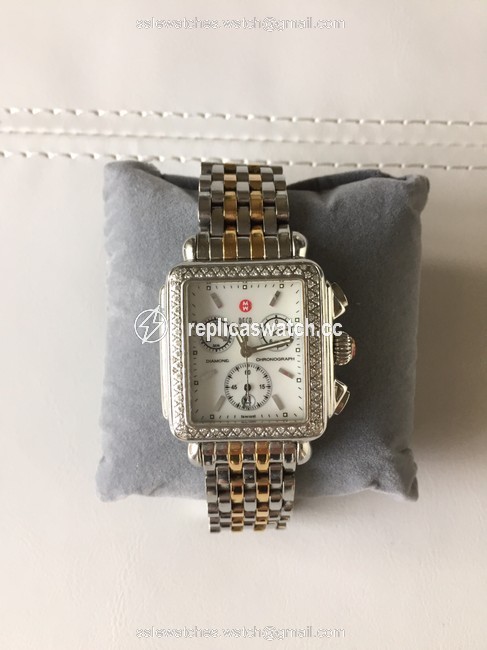 Michele Silver Stainless with 18k Gold Plated Signature Deco Diamond Bezel Chronograph Two Tone Bracelet Watch Michele Silver Stainless with 18k Gold Plated Signature Deco Diamond Bezel Chronograph Two Tone Bracelet Watch
