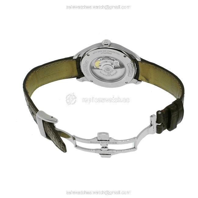 Baume & Mercier Silver Brown Stainless Steel Leather Band Skeleton Back Watch Baume & Mercier Silver Brown Stainless Steel Leather Band Skeleton Back Watch