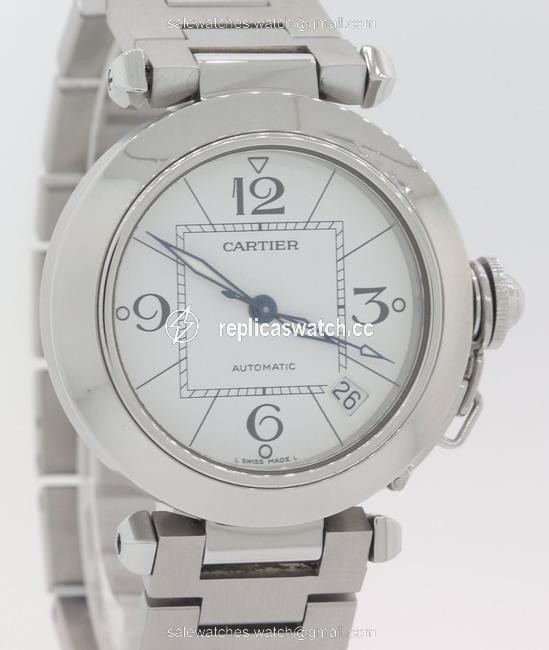 Cartier Silver W Pasha Steel Date Arabic Dial 35mm 2324 Pouch Watch Cartier Silver W Pasha Steel Date Arabic Dial 35mm 2324 Pouch Watch