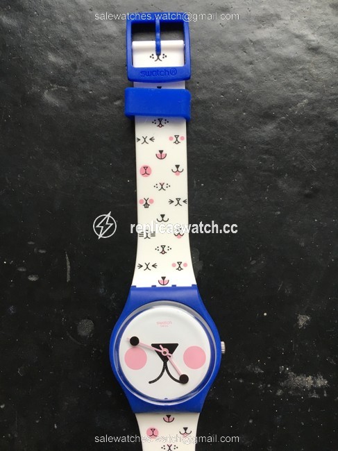 Swatch White Blue Black Pink Cattitude (Kitty Face) Gn241 Watch Swatch White Blue Black Pink Cattitude (Kitty Face) Gn241 Watch