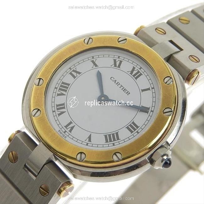 Cartier Gold / Silver Genuine Santos Round Ladies Quartz Wrist Watch Cartier Gold / Silver Genuine Santos Round Ladies Quartz Wrist Watch