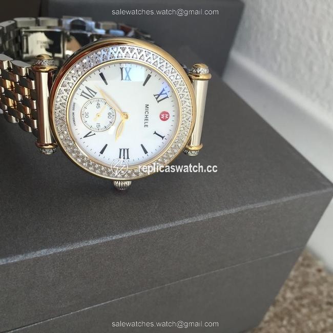 Michele Gold/ Silver Caber Diamond Mop Two Tone Watch Michele Gold/ Silver Caber Diamond Mop Two Tone Watch