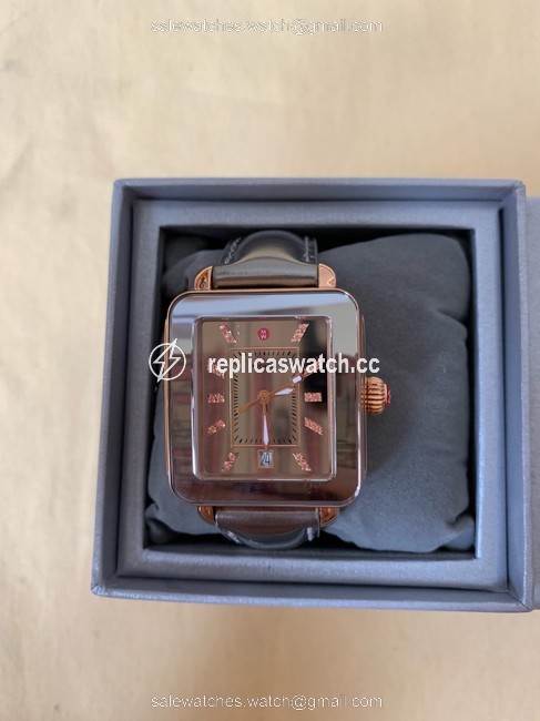 Michele Multicolor New Deco Sport High Shine Two Tone Mirror Dial Gunmetal Leather Watch Michele Multicolor New Deco Sport High Shine Two Tone Mirror Dial Gunmetal Leather Watch