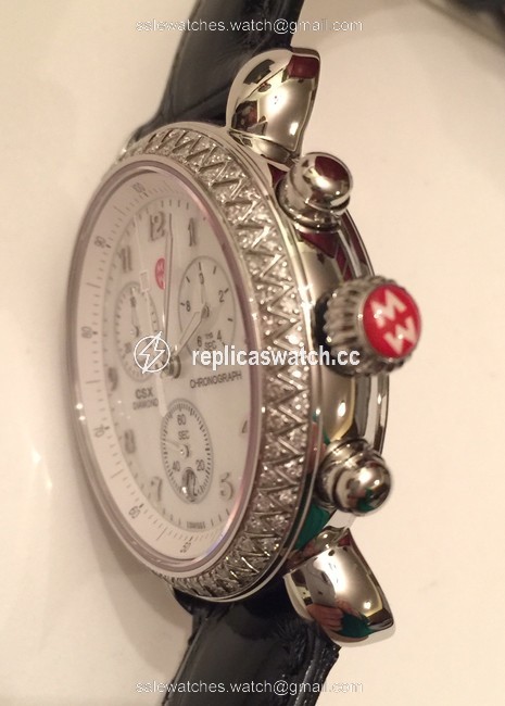 Michele Silver Csx 36 Ladies Diamond Gt Black Leather Chrono Quartz Watch Michele Silver Csx 36 Ladies Diamond Gt Black Leather Chrono Quartz Watch