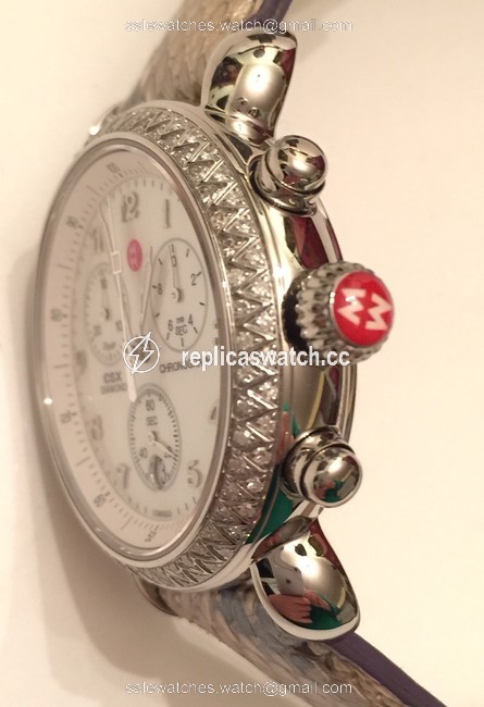 Michele Silver Csx 36 Ladies Diamond Gt Python Leather Chrono Quartz Watch Michele Silver Csx 36 Ladies Diamond Gt Python Leather Chrono Quartz Watch