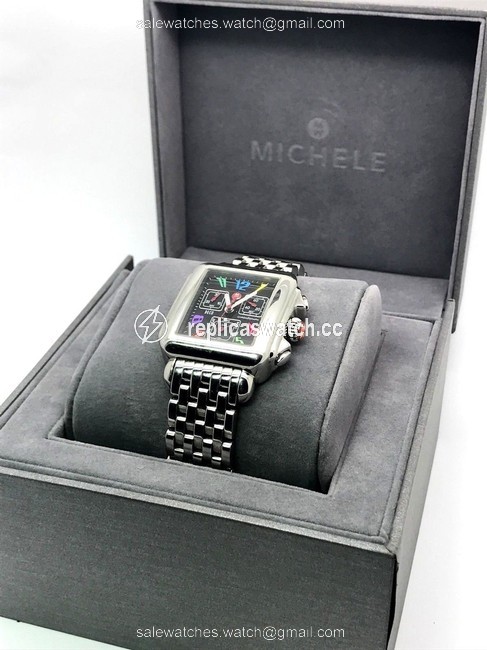 Michele Silver & Black Deco Carousel Chronograph Dial Ladies S\s Watch Michele Silver & Black Deco Carousel Chronograph Dial Ladies S\s Watch
