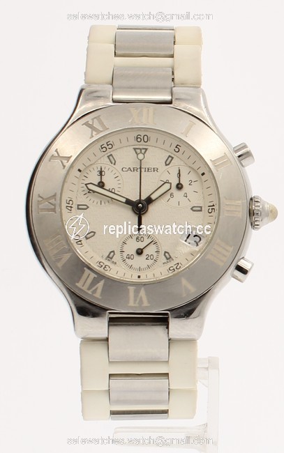 Cartier White Must 21 Chronoscaph 38mm Dial Rubber Quartz Mens Watch Cartier White Must 21 Chronoscaph 38mm Dial Rubber Quartz Mens Watch