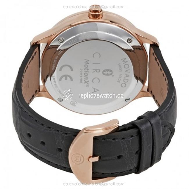 Movado Black Rose Gold Cicra Motion Dial Mens Smart Leather Strap Watch Movado Black Rose Gold Cicra Motion Dial Mens Smart Leather Strap Watch
