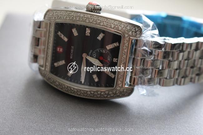 Michele Black Guilloche W Extra Large Urban Classic 187 Diamond W/Bracelet Watch Michele Black Guilloche W Extra Large Urban Classic 187 Diamond W/Bracelet Watch