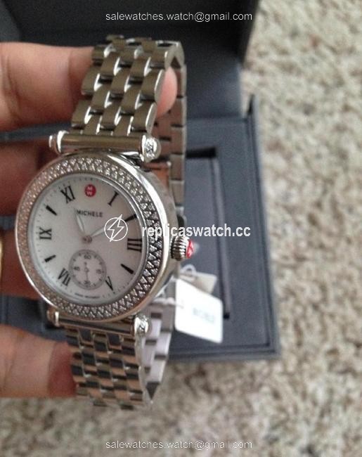 Michele Silver Caber Diamond Mother Of Pearl Dial Watch Michele Silver Caber Diamond Mother Of Pearl Dial Watch