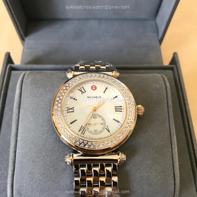 Michele Gold/ Silver Caber Diamond Mop Two Tone Watch Michele Gold/ Silver Caber Diamond Mop Two Tone Watch