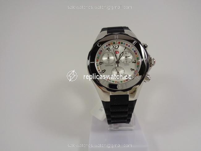 Michele Silver-tone/Black Jelly Womens Tahitian Bean Silicone Silver Stainless Steel Chronograph Mww12f000080 Watch Michele Silver-tone/Black Jelly Womens Tahitian Bean Silicone Silver Stainless Steel Chronograph Mww12f000080 Watch