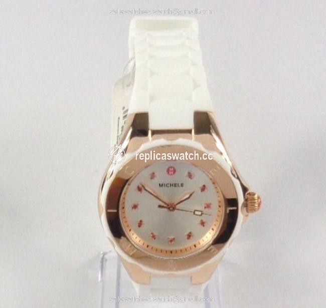 Michele Rose Gold/White Jelly Mww12p000003 Womens Petite Bean Topaz Crystals Plated Silicon New Watch Michele Rose Gold/White Jelly Mww12p000003 Womens Petite Bean Topaz Crystals Plated Silicon New Watch
