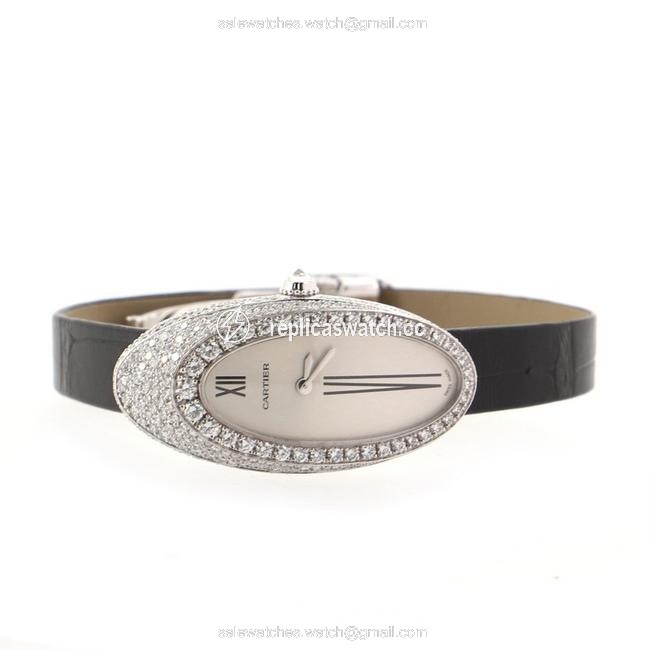 Cartier Silver Alcyone Quartz White Gold and Crocodile with Diamond Bezel 20 Watch Cartier Silver Alcyone Quartz White Gold and Crocodile with Diamond Bezel 20 Watch