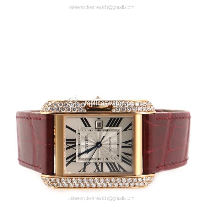 Cartier Silver Tank Anglaise Rose Gold and Alligator with Diamo Watch Cartier Silver Tank Anglaise Rose Gold and Alligator with Diamo Watch