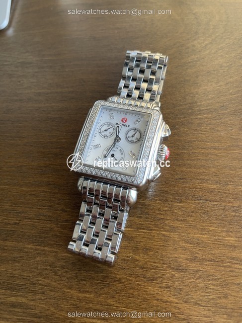 Michele Silver Deco Diamond Chronograph Head & Bracelet 33mm Watch Michele Silver Deco Diamond Chronograph Head & Bracelet 33mm Watch