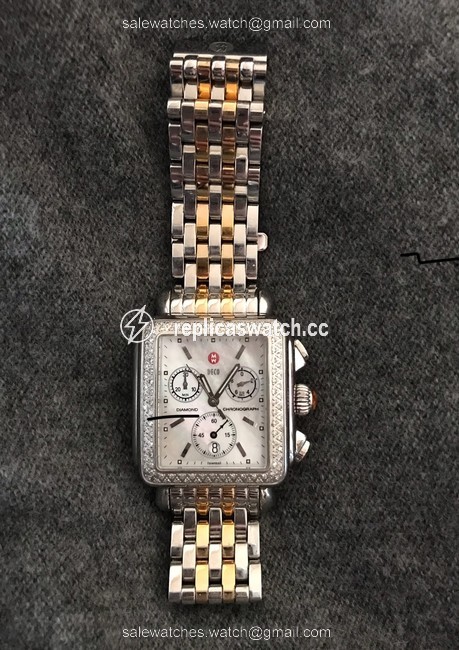 Michele Silver and Gold and Diamonds Deco Classic In Stainless Steel Mother Of Pearl Dial Watch Michele Silver and Gold and Diamonds Deco Classic In Stainless Steel Mother Of Pearl Dial Watch