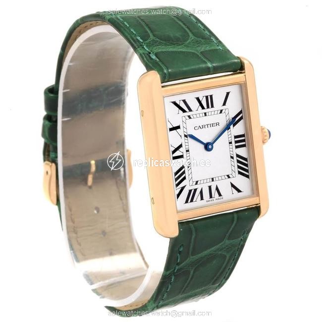 Cartier Silver Tank Solo Large Yellow Gold Steel Green Strap Unisex W10 Watch Cartier Silver Tank Solo Large Yellow Gold Steel Green Strap Unisex W10 Watch