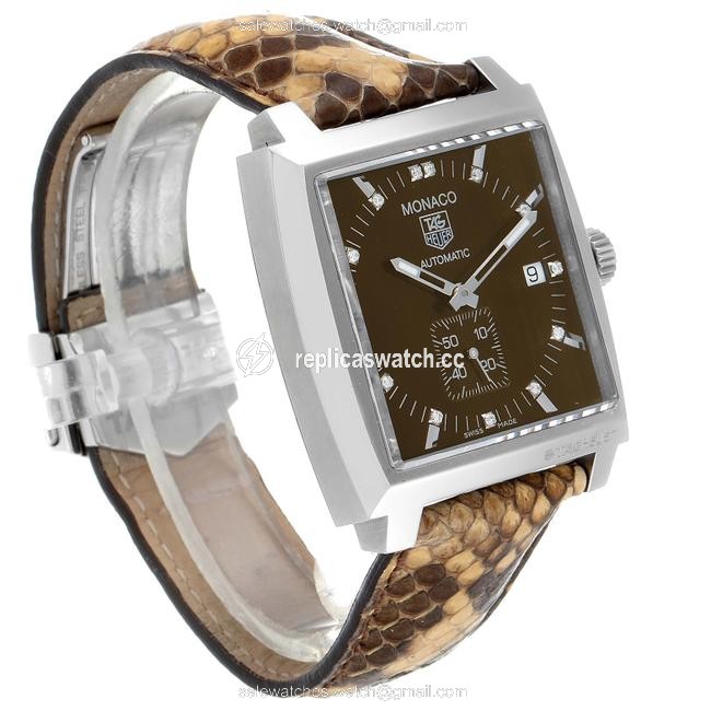 TAG Heuer Brown Monaco Bronze Diamond Dial Python Strap Steel Mens Watch TAG Heuer Brown Monaco Bronze Diamond Dial Python Strap Steel Mens Watch