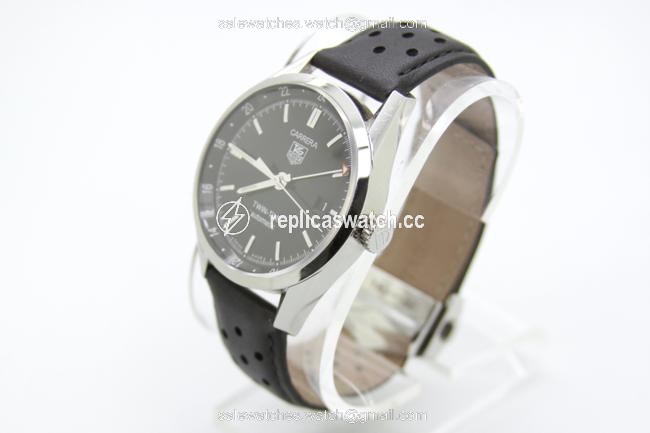 TAG Heuer Stainless Steel & Black Leather Carrera Twin-time Wv2115-0 Mens with Band Watch TAG Heuer Stainless Steel & Black Leather Carrera Twin-time Wv2115-0 Mens with Band Watch