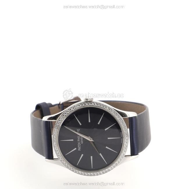 Patek Philippe Calatrava 4897 Manual White Gold and Satin with Diamond Bezel 33 Watch Patek Philippe Calatrava 4897 Manual White Gold and Satin with Diamond Bezel 33 Watch