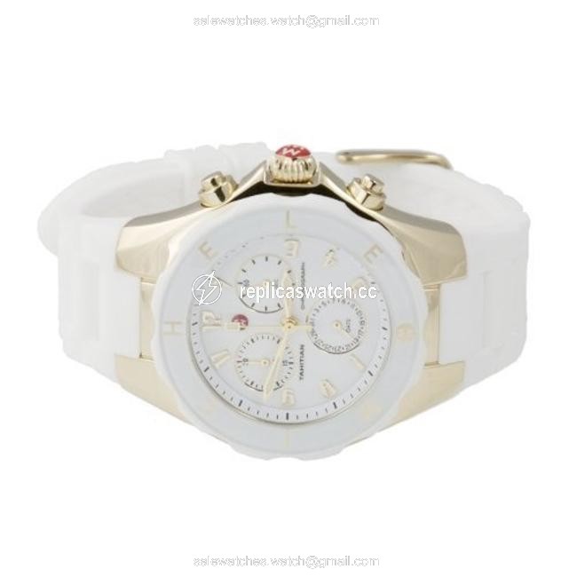 Michele White Jelly Tahitian Bean Silicone Gold Tone Stainless Steel Chronograph Mww12d000011 Watch Michele White Jelly Tahitian Bean Silicone Gold Tone Stainless Steel Chronograph Mww12d000011 Watch