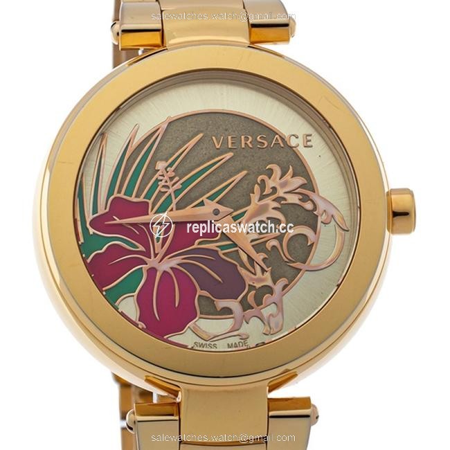 Versace Gold Plated Stainless Steel Mystique Hibiscus Womens Wristwatch 38mm Watch Versace Gold Plated Stainless Steel Mystique Hibiscus Womens Wristwatch 38mm Watch