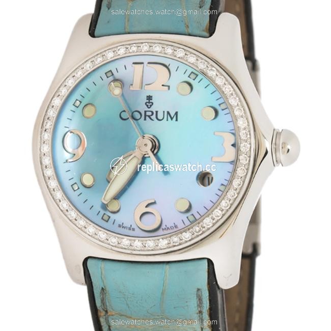 Corum Blue Mother Of Pearl Stainless Steel Leather Bubble Mid-size 39.151.47 Womens Wristwatch 35 Mm Watch Corum Blue Mother Of Pearl Stainless Steel Leather Bubble Mid-size 39.151.47 Womens Wristwatch 35 Mm Watch