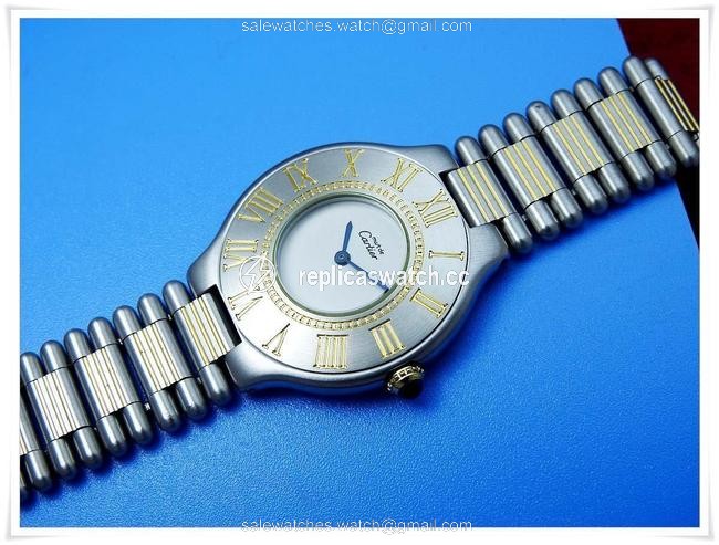 Cartier Ivory with Blue Steel Hands W Midsize Must De 21c 18kgp & St.steel Quartz W/Bracelet Watch Cartier Ivory with Blue Steel Hands W Midsize Must De 21c 18kgp & St.steel Quartz W/Bracelet Watch