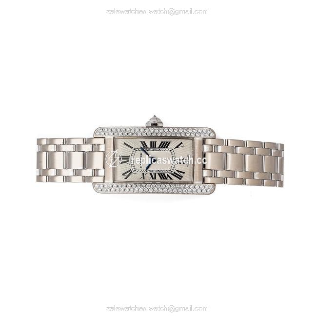 Cartier Silver Diamonds 18k White Gold Tank Americaine Wb7018l1 Womens Wristwatch 28 X 19 Mm Watch Cartier Silver Diamonds 18k White Gold Tank Americaine Wb7018l1 Womens Wristwatch 28 X 19 Mm Watch