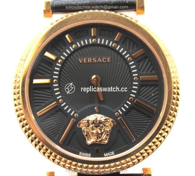 Versace 16461 Black Gold V-helix Dial Leather Tone Guilloche Hardware Ladies Watch Versace 16461 Black Gold V-helix Dial Leather Tone Guilloche Hardware Ladies Watch