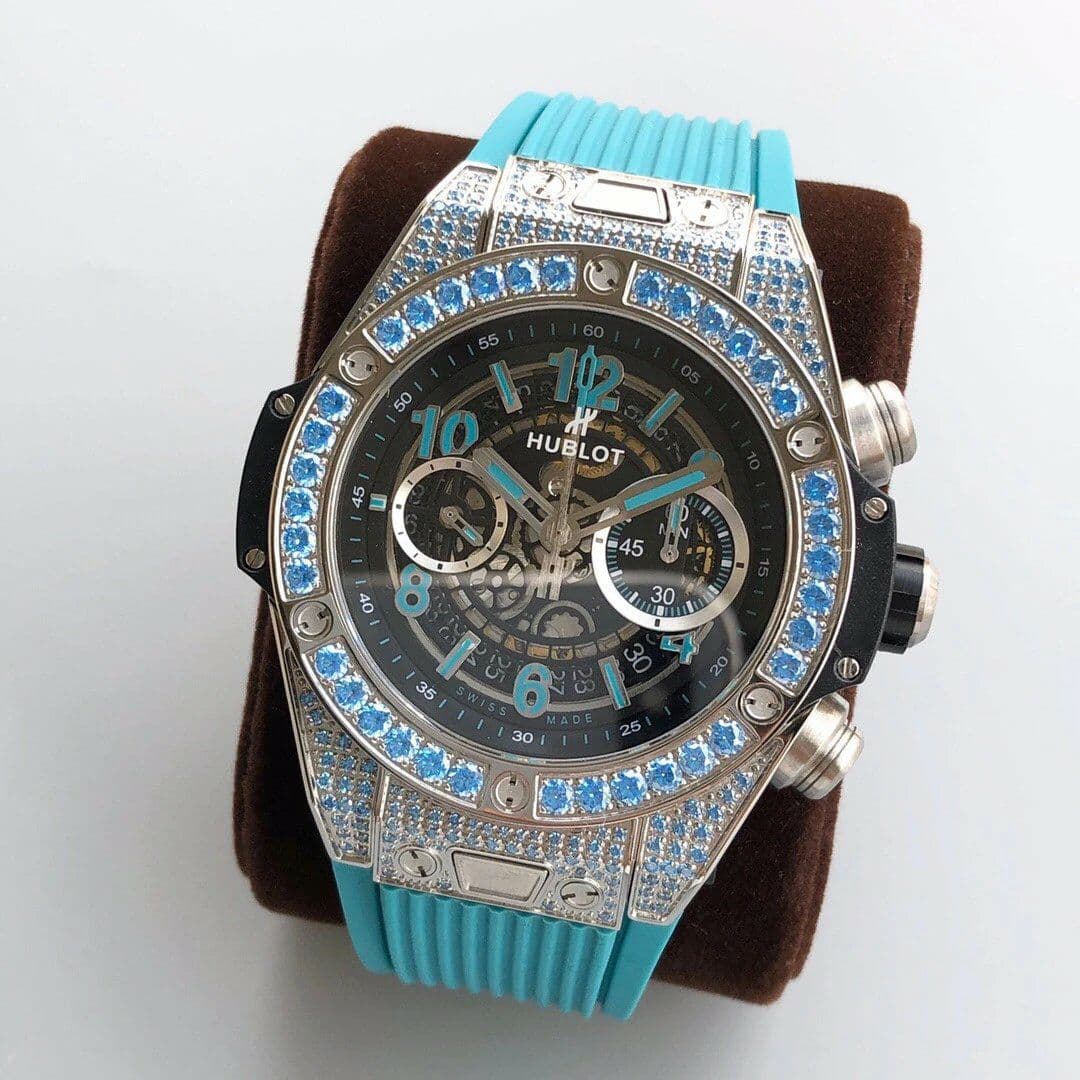 Big Bang Unico Diamond HBF 1:1 Best Edition SB Skeleton Dial Rainbow Bezel on Blue Rubber Strap A1242 Big Bang Unico Diamond HBF 1:1 Best Edition SB Skeleton Dial Rainbow Bezel on Blue Rubber Strap A1242