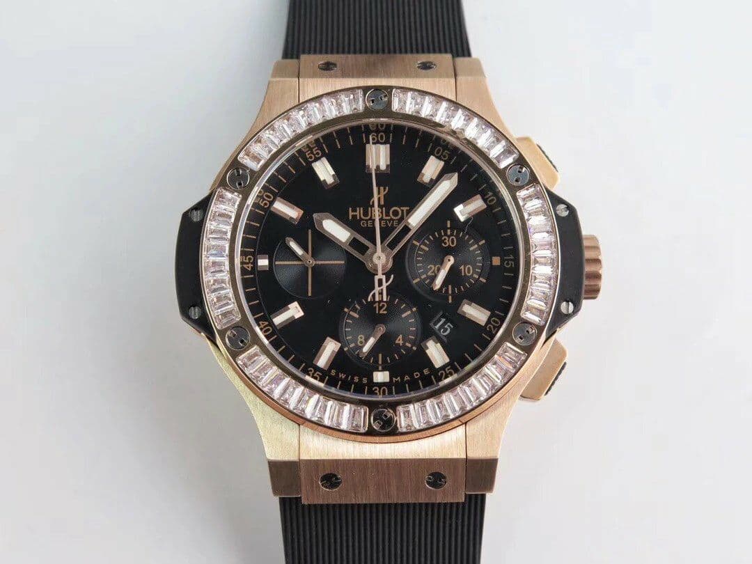 Big Bang 44mm SS Gold Dial Diamond Bezel on Black Leather Strap HUB4104 Big Bang 44mm SS Gold Dial Diamond Bezel on Black Leather Strap HUB4104
