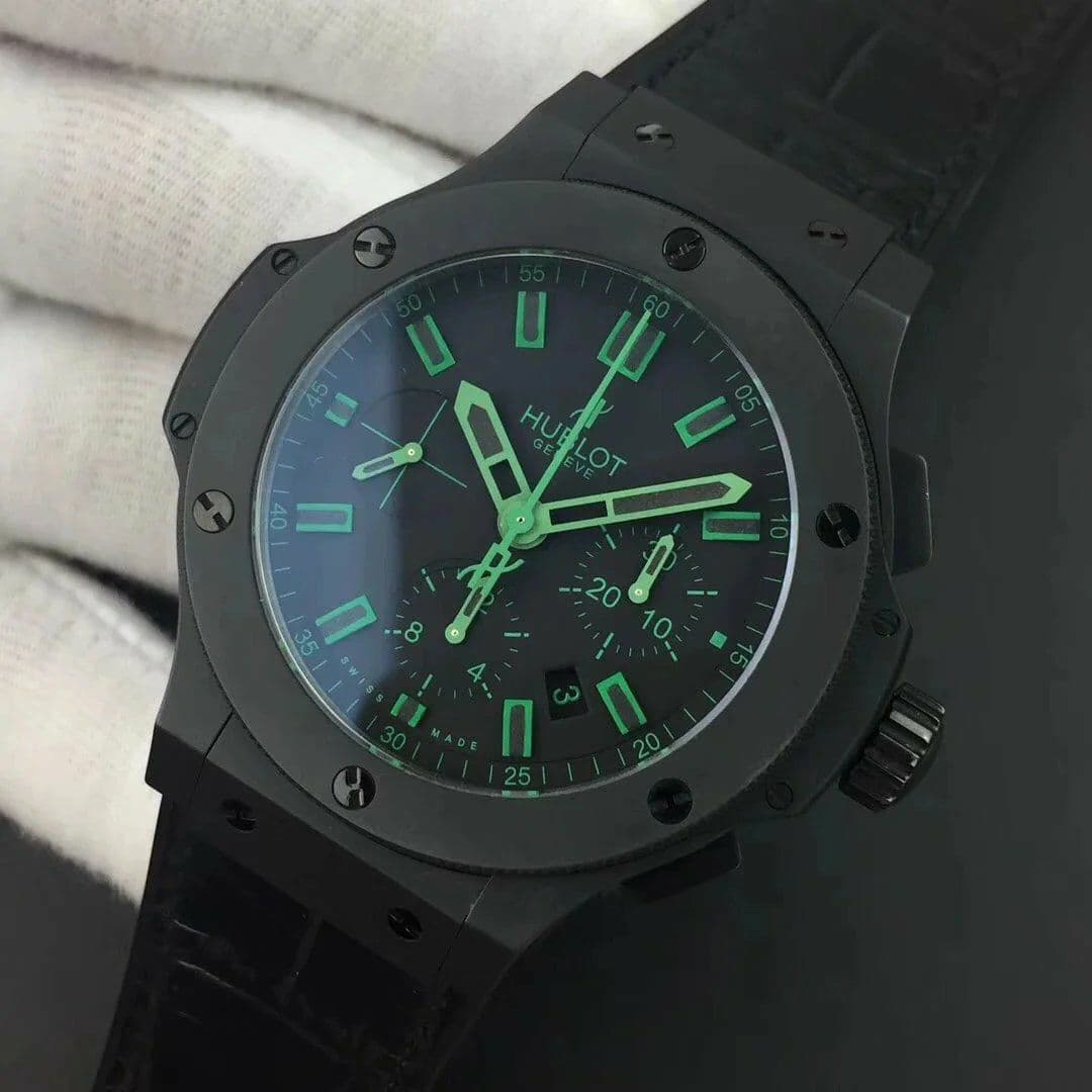 Big Bang 44.5mm PVD Black Dial with Green Markers on Black Gummy Strap A7750 Big Bang 44.5mm PVD Black Dial with Green Markers on Black Gummy Strap A7750