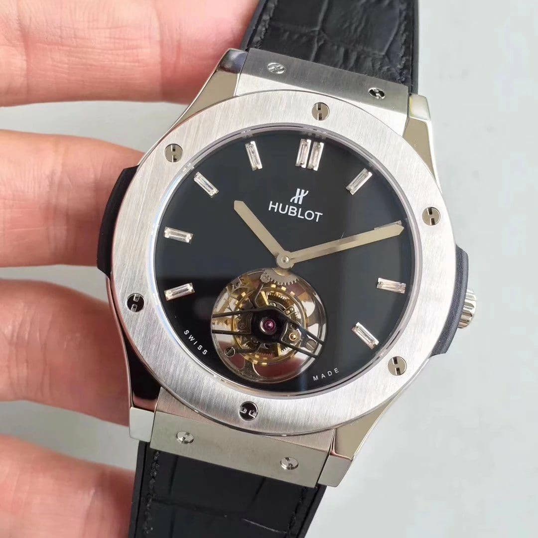 Classic Fusion Tourbillon 45mm SS Black Dial Crystal Markers on Black Gummy Strap