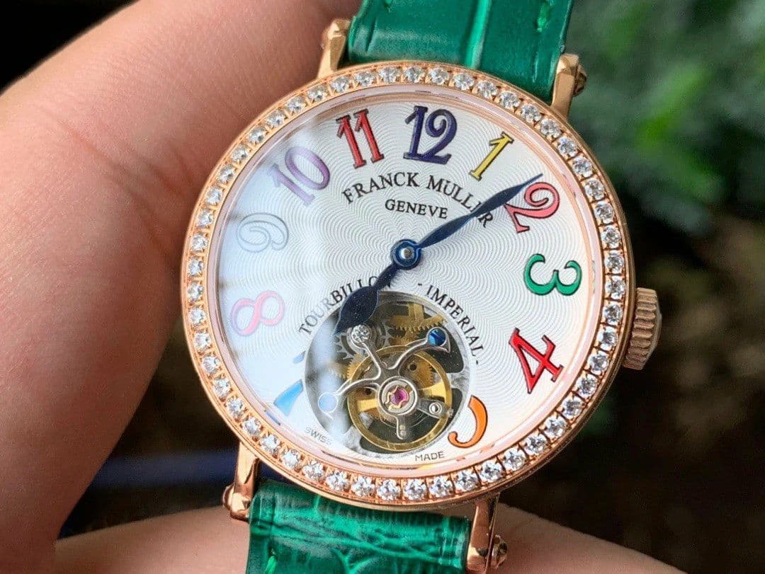 Color Dreams Tourbillon RG Diamond Bezel Arabic Numerals Markers on Green Croco Leather Strap