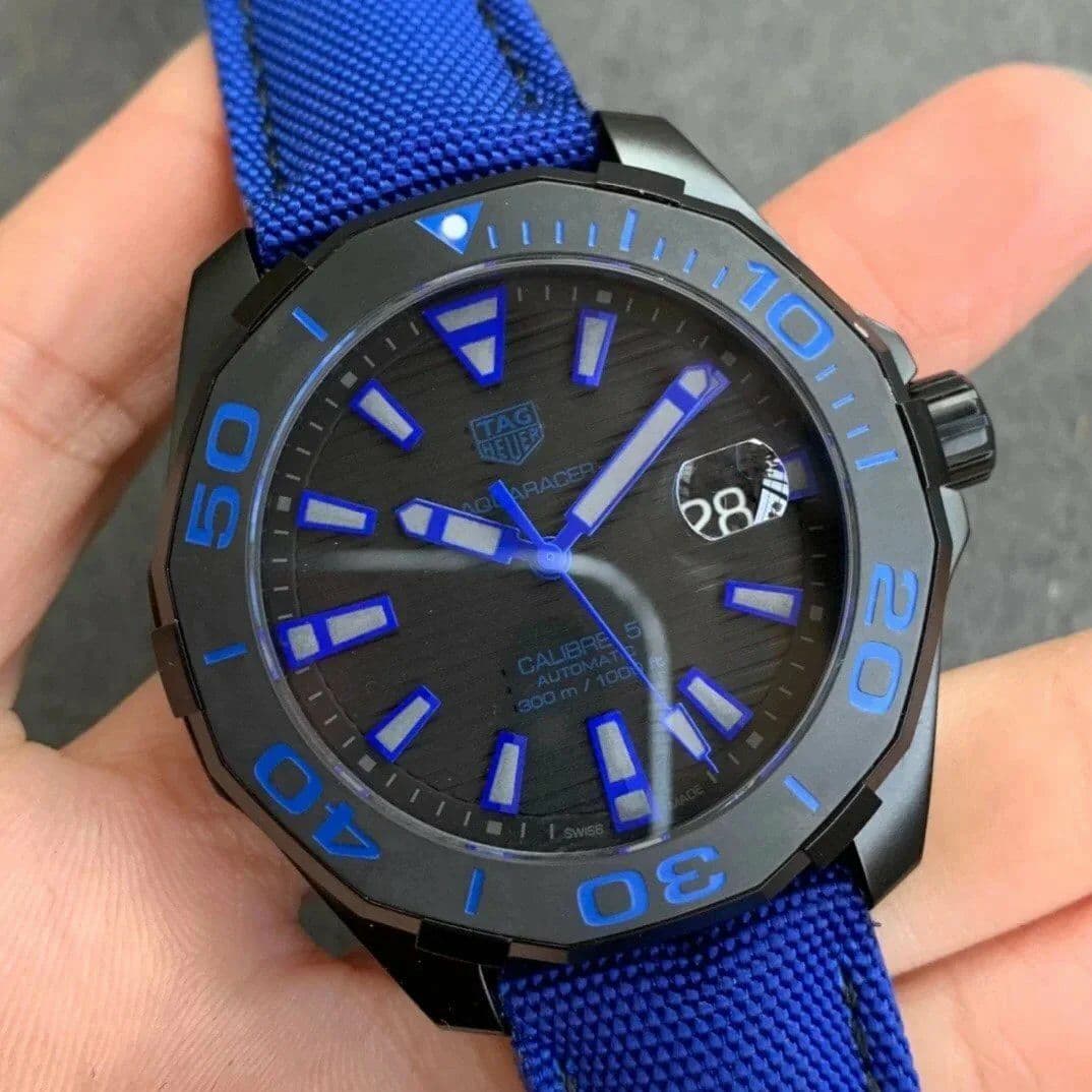 Aquaracer Calibre 5 PVD 43mm OXF 1:1 Best Edition Ceramic Bezel Black Dial on Blue Nylon Strap SW200