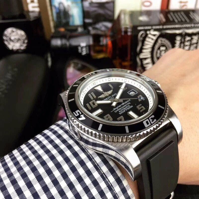 Breitling Superocean Black White Dial on Black Rubber Strap