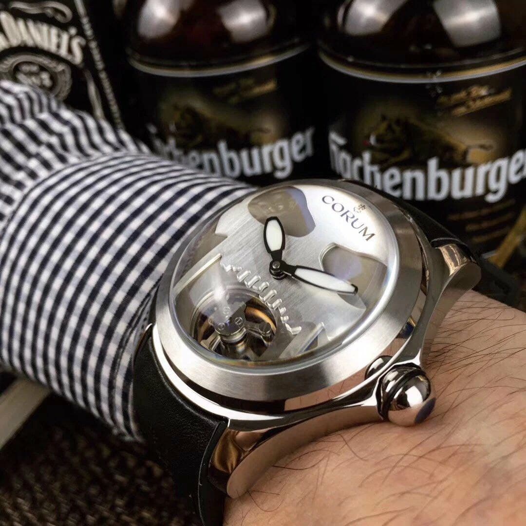 Coru Babble Case Silver Skull on Black Leather Strap